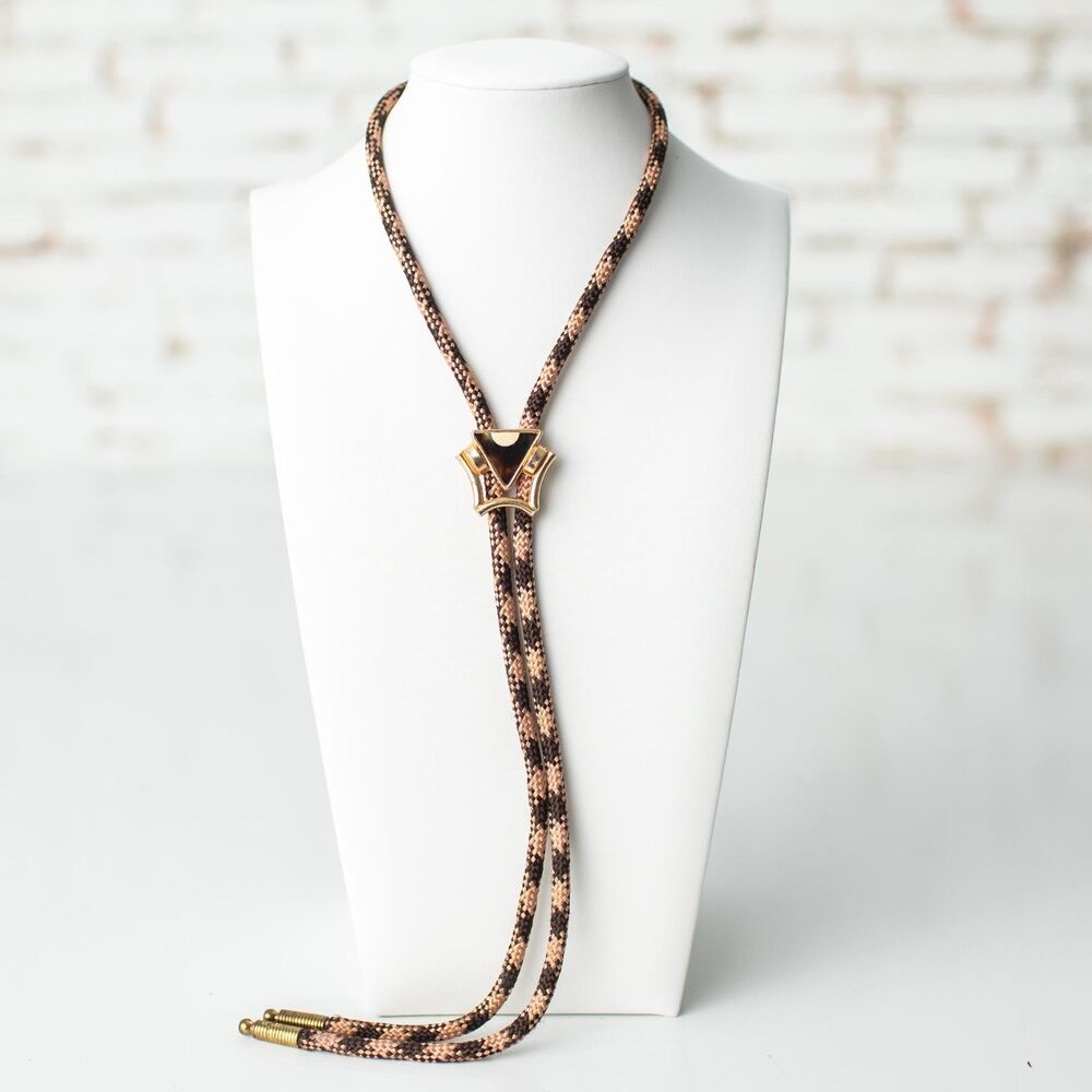 Vintage Tie Necklace Brown Braided Cord Gold Tone Art Deco Western 80s
